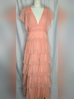IEENA for Mac Duggal Shimmer Ruffle Tiered Gown Blush Pink 8 NWT